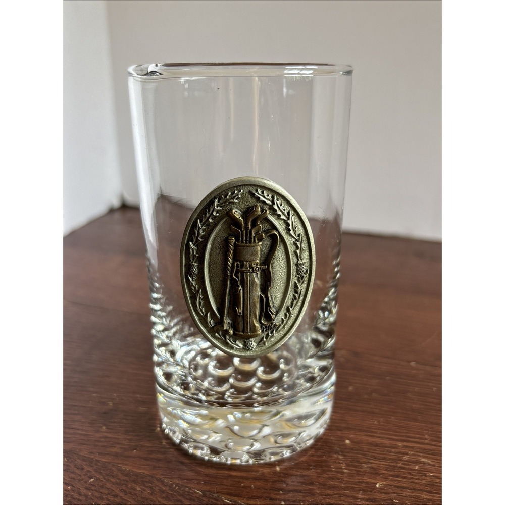 Vintage‎ Fort USA Golf Bag Pewter Medallion Glass Tumbler Bubble Base Clear 5in